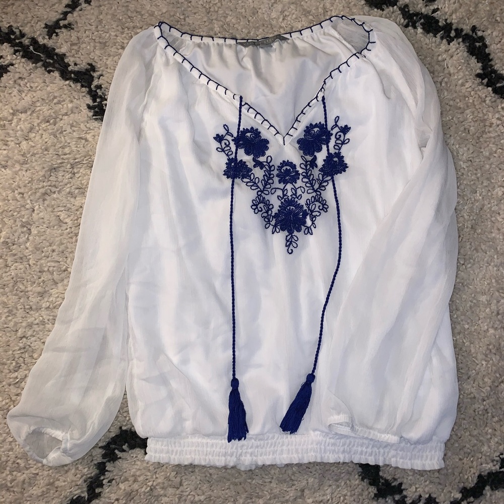 white and blue blouse